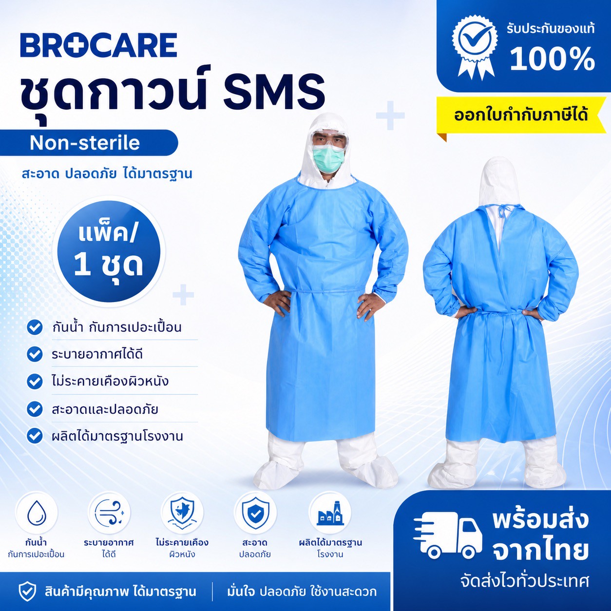 BROCARE ชุดกาวน์ SMS สีน้ำเงิน ป้องกันกันน้ำแขนจั๊ม