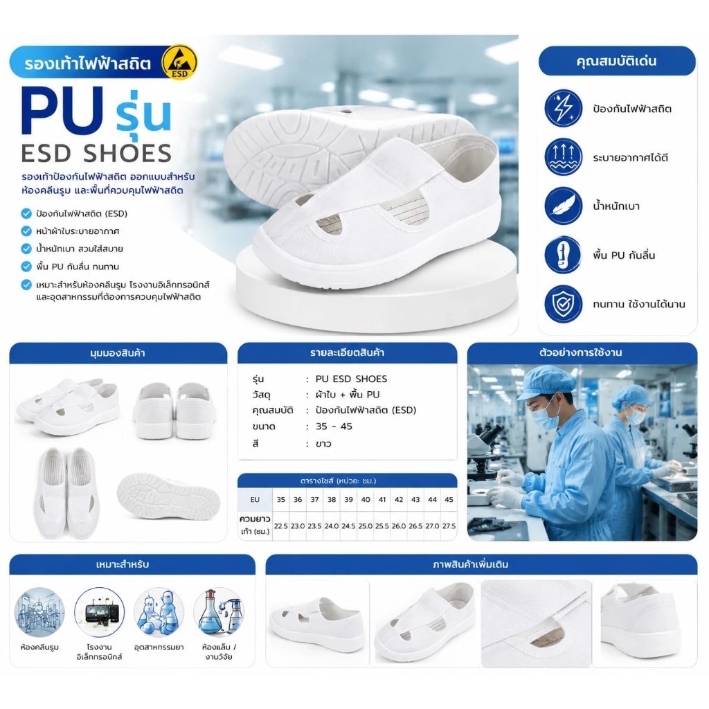 รองเท้าไฟฟ้าสถิต (ESD รุ่น PU) กันลื่น น้ำหนักเบา สำหรับคลีนรูม - Image 2